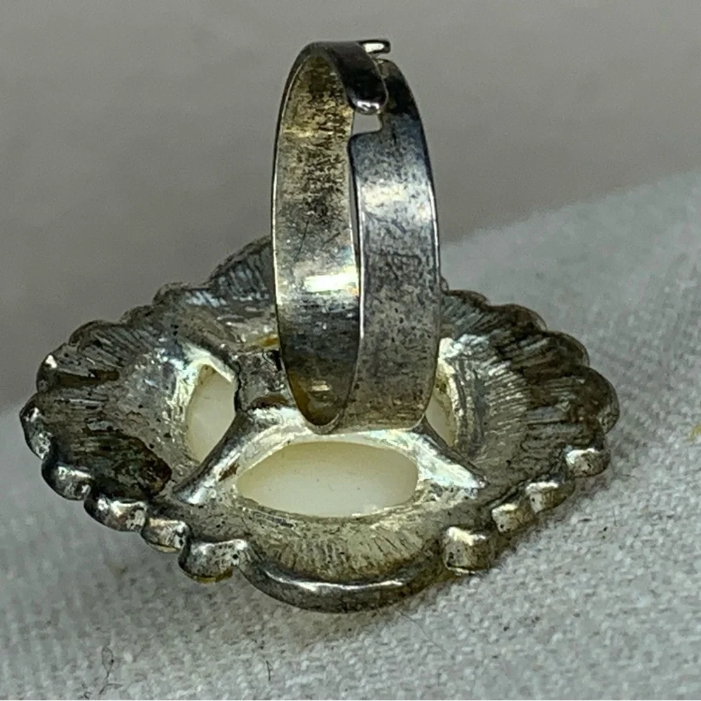 Vintage Adjustable Cocktail Ring Silver Faux Pearl Rhinestones